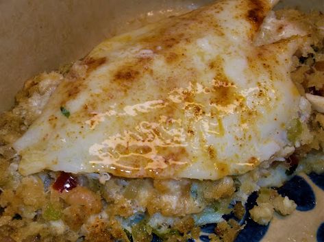 DECONSTRUCTED STUFFED FLOUNDER WITH LEMON SAUCE Stuffed Flounder Recipes Shrimp, Stuffed Flounder With Crabmeat, Stuff Flounder Recipes, Stuffed Flounder, Flounder Recipes, Crab Recipes, Lemon Sauce, Wine Sauce, Crab Meat