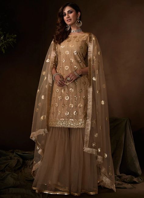 Brown Sharara, Designer Sharara Suits, Gharara Suits, Sharara Suit, Utsav Fashion, Indian Suits, Salwar Kameez Designs, Net Dupatta, Pakistani Suits