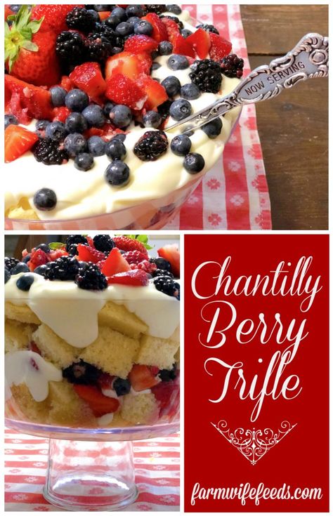 Chantilly Berry Trifle - The Farmwife Feeds Berry Chantilly Tiramisu, Berry Trifle Pound Cake, Chantilly Trifle, Chantilly Desserts, Berry Chantilly Cake Recipe, Berry Trifle Recipe, Chantilly Cake Recipe, Easter Meals, Punch Bowl Cake