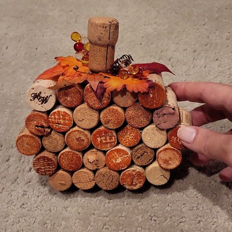 Custom Made Of Wine Corks Shaped Into A Pumpkin With Slight Beads And Fall Foliage At The Top. Perfect Hostess Gift Or For Your Home! 6" Wide, 5" Tall And 2" Depth. Cork Crafts For Christmas, Crafts To Do With Wine Corks, Wine Cork Jewelry Diy, Cork Diy Ideas, Cork Wine Charms, Wine Cork Flag, Wine Cork Wreaths, Christmas Crafts With Wine Corks, Wine Cork Trees