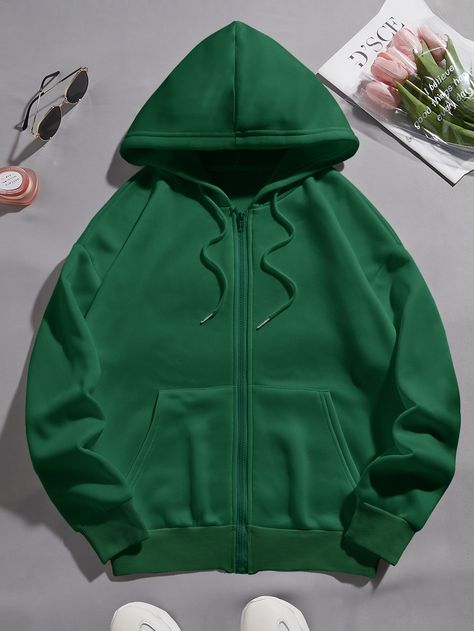 Dark Green Casual  Long Sleeve Polyester Plain Zip Up  Slight Stretch Fall/Winter Women Sweatshirts Casual Green Hoodie With Zipper, Casual Green Zipper Sweatshirt, Green Hooded Sweatshirt With Drawstring, Green Zipper Sweatshirt For Streetwear, Dark Green Zip Up Hoodie, Thermal Hoodie, Plus Size Bodycon Dresses, Tunic Tank Tops, Cotton Bottoms