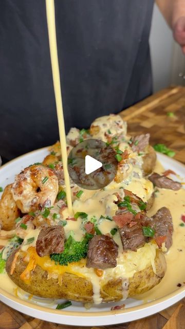 Karim Saad on Instagram: "Surf N Turf Loaded Baked Potato w a high protein cheese sauce 🔥#icekarim #healthyrecipes #easyrecipe" Surf And Turf Loaded Baked Potato, Surf Turf Dinner Recipes For, Surf And Turf Baked Potato, Surf N Turf Dinner, Surf And Turf Sides, Loaded Steak Baked Potato, Surf And Turf Recipes, High Protein Cheese, Surf N Turf Recipes