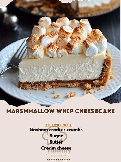 🍰 "Marshmallow Whip Cheesecake—a creamy, fluffy dessert with a delightful marshmallow twist. Perfect for a special occasion! 🍰✨ #Cheesecake #MarshmallowMagic" Marshmallow Whip Cheesecake Ingredients: Graham cracker crumbs (1 1/2 cups) Sugar (1/4 cup) Butter (1/4 cup, melted) Cream cheese (8 oz, softened) Marshmallow fluff (1 cup) Heavy cream (1 cup) Granulated sugar (1/4 cup) Vanilla extract (1 tsp) Instructions: Preheat oven to 325°F (165°C). Mix crumbs, sugar, and melted butter. Press i... Cheesecake Ingredients, Marshmallow Fluff, Cake With Cream Cheese, Graham Cracker Crumbs, Graham Cracker, Granulated Sugar, Heavy Cream, Graham Crackers, Melted Butter