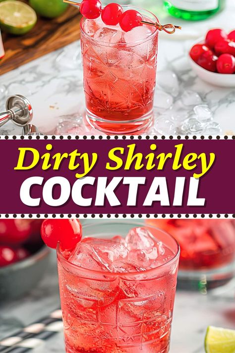 The Dirty Shirley is a grown-up version of the Shirley Temple! Spiked with vodka, it's guaranteed to give you a good buzz. Dirty Shirley Temple, Dirty Shirley, Vodka Mixes, Mix Drinks, Cherry Syrup, Cherry Liqueur, Raspberry Syrup, Lemon Lime Soda, Flavored Vodka