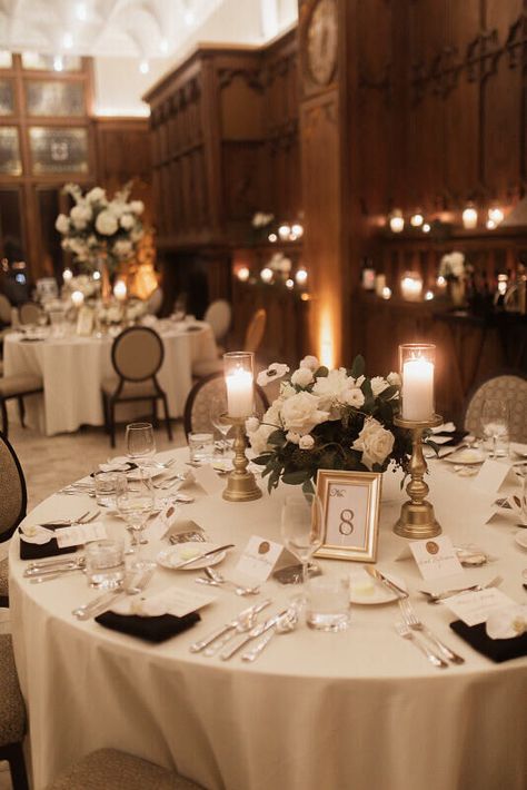 Elegant White Wedding Table Decor, Timeless Intimate Wedding, Timeless And Romantic Wedding, Formal Traditional Wedding Theme, Elegant Wedding Styling, Tables For Reception, Old Hollywood Centerpieces Wedding, Wedding Centerpieces Gold And White, Entry Flowers Wedding