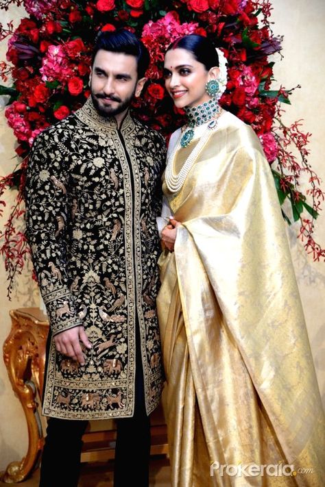 Wedding reception - Deepika, Ranveer Reception Suits For Men Indian, Deepika Padukone Wedding, Sherwani Design, Haldi Photoshoot, Deepika Ranveer, Men Styling, Sherwani For Men Wedding, Philippines Fashion, Indian Groom Wear