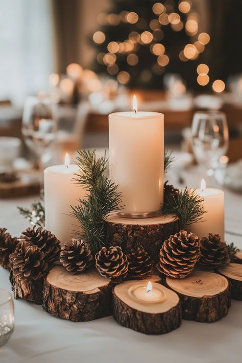 18 Rustic Christmas Decor Ideas for Your Woodsy Farmhouse Wood Christmas Candle Holders, White Candle And Greenery Centerpiece, Christmas Pine Decor, Winter Woodland Centerpiece, Wood Log Centerpieces Wedding, Pinecone Wedding Centerpiece, Pine Centerpiece Christmas, Rustic Winter Wedding Table Decor, Country Christmas Table Decorations