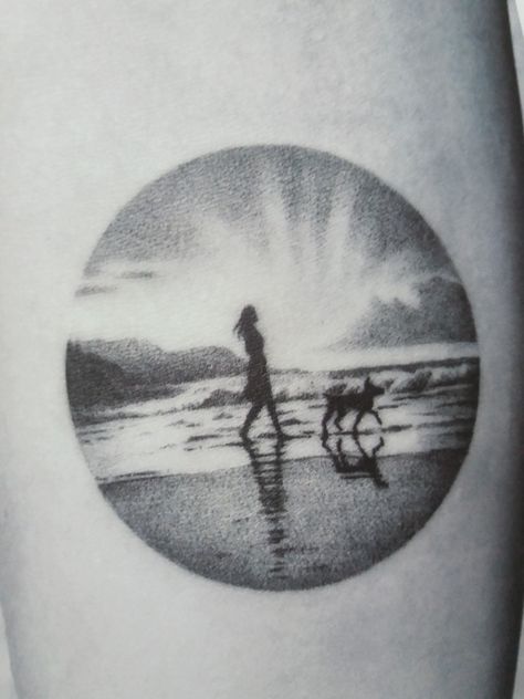 @amanda_piejak Dog Ocean Tattoo, Dog Beach Tattoo, Transcending Art, Scene Tattoos, Scene Tattoo, Tree Scene, Ocean Tattoos, Beach Tattoo, Dog Beach