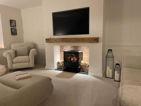 Small Lounge Fireplace Ideas, Terraced House Lounge Ideas, Wall Panelling Around Fireplace, Cosy Panelled Living Room, Log Fire Media Wall, Snug Room With Fireplace, Living Room Panelling With Fireplace, Living Room New Build Uk, Cosy Media Wall