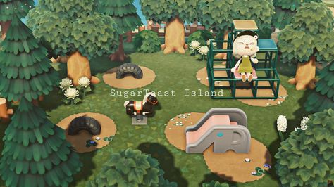 Acnh Playground Design Ideas, Animal Crossing Island Ideas Garden, Animal Crossing Park Ideas, Acnh Transition Areas, Acnh Playground Idea, Animal Crossing Playground, Animal Crossing Small Area Ideas, Acnh Playground, Animal Crossing Campsite