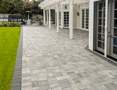 Red And Gray Paver Patio Ideas, Grey Pavers Patio, Gray Pavers Patio, Backyard Hardscape, Backyard Concrete, Grey Pavers, Paver Ideas, Paver Patios, Front Landscape