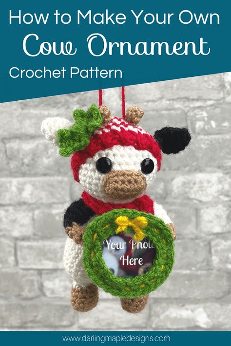 Crochet Cow Christmas Ornament, Winter Photo Frame, Ornament Crochet Pattern, Photo Frame Tree, Ornament Crochet, Photo Frame Ornaments, Crochet Holiday, Cow Ornaments, Crocheted Christmas