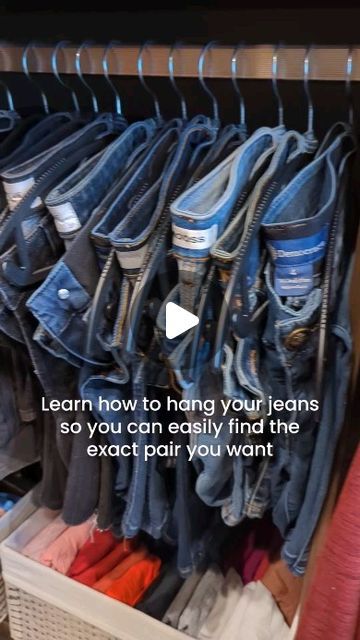 Bee Organized Omaha on Instagram: "TAP HERE FOR YOUR STEP BY STEP GUIDE ⬇️  Try this method of hanging your jeans👖if you have a wide variety, or want to be able to easily see the size and brand.  1️⃣ Start by folding your jeans in half with the front facing out  2️⃣ Put the hook of your hanger through the back loop and lay it at a slight angle  3️⃣ Fold the bottom of the jeans up over the hanger (a little bit more than in half)  4️⃣ Loop the legs under the hanger and over the bottom rung  5️⃣ Be sure to have all of your jeans folded the same direction for that detailed touch  And voilà! ✨  Follow for more organizing tips, tricks, and inspiration! • • • • • #beeorganizedomaha #beeorganized #closetorganization #closetgoals #closetinspo #closetinspiration #closet #organizedcloset #organizati Hanger For Pants, Hanging Jeans On Hooks, How To Hang Blue Jeans In Closet, Hang Jeans On Hanger, How To Hang Jeans To Save Space, Jean Organization Ideas, How To Hang Jeans On Hangers, Hanging Jeans In Closet, How To Hang Pants