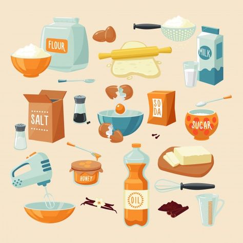 Baking ingredients set | Free Vector #Freepik #freevector #food #abstract #bakery #milk Food Illustration Design, Logos Vintage, Kitchen Icon, Recipe Drawing, Honey Oil, Food Clipart, Pancakes Ingredients, Vector Food, Organic Spice