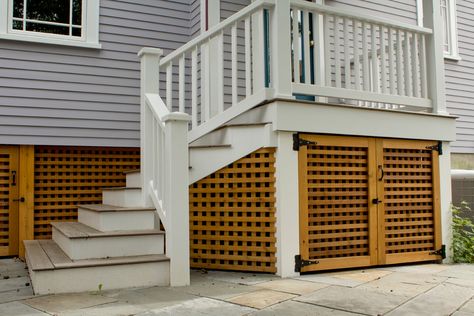 Deck Lattice Ideas, Lattice Under Deck, Porch Skirting, Deck Oasis, Porch For Camper, Porch Lattice, Lake Deck, Lattice Deck, Under Deck Storage