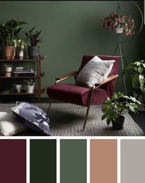 Simple Elegant Living Room Ideas, Green Room Grey Furniture, Dark Academic Colour Palette, Dark Green Bedroom Palette, Sage And Burgundy Bedroom, Edgy Basement, Eclectic Wardrobe Style, Edgy House Decor, Green And Burgundy Living Room