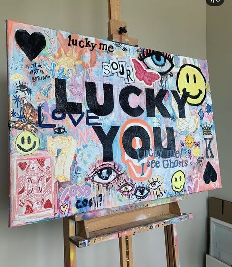 Fun Canvas Art, Pop Art Collage Painting, Kristin Konefal Art, Diy Wall Decor Painting, Paintings With Words, Collage Painting Canvas, Graffiti Painting On Canvas, Paintings For Room, Trendy Paintings