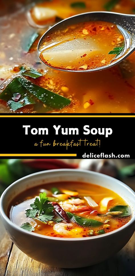 Tom Yum Soup is a vibrant Thai dish known for its perfect balance of spicy, sour, salty, and sweet flavors. Made with shrimp, mushrooms, and a fragrant broth infused with lemongrass, kaffir lime leaves, galangal, and bird chilies, this soup is both aromatic and comforting. It can be made creamy with the addition of coconut milk or kept light and clear for a traditional experience. Spicy Thai Soup, Clear Broth Soups, Shrimp Mushrooms, Tom Yum Soup Recipe, Thai Tom Yum Soup, Sweet And Sour Soup, Lemongrass Soup, Soup For Dinner, Tom Yum Soup