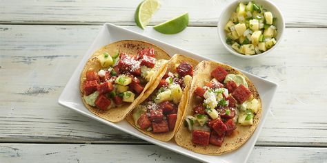 Mexican SPAM® Recipes | SPAM® Brand Spam Tacos, Spicy Barbeque Sauce, Olive Garden Salad Recipe, Tacos With Pineapple Salsa, Garden Salad Recipe, Tacos With Pineapple, Pastor Tacos, Amish Sugar Cookies, Luau Ideas