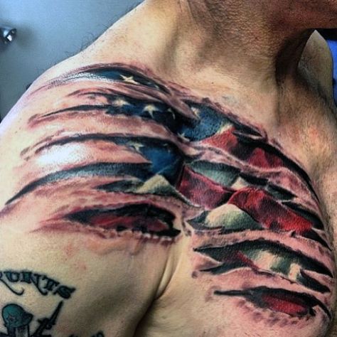 Ripped Skin Guys Bald Eagle And American Flag Tattoos On Chest Skin Tear Tattoo, American Flag Sleeve Tattoo, Ripped Skin Tattoo, Biomech Tattoo, Men's Tattoos, Flag Tattoos, Rip Tattoo, Patriotic Tattoos, Military Tattoos