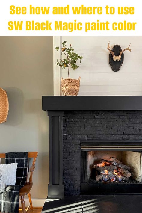 Black Fireplace Paint Color, Black Magic Paint Sherwin Williams, Warm Black Paint Color, Sw Black Magic, Black Magic Sherwin Williams, Sherwin Williams Black Magic, Black Magic Paint, Sherwin Williams Black, Fireplace Painted