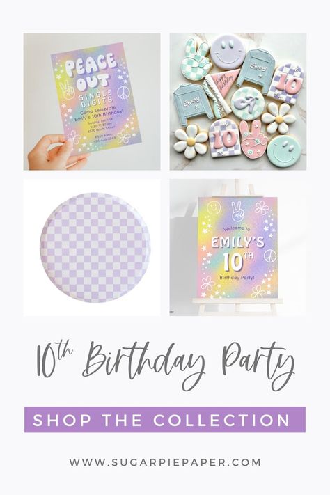 Looking for a cute 10th birthday party theme for girls?  This peace out single digits I'm 10 kids birthday theme idea is so adorable!  Your daughter will love this 10th birthday party theme - explore our collection of peace out single digits party decor, printable 10th birthday party invitations and cute 10th birthday party decor ideas here! Birthday Theme For 10 Year Girl, 10th Girl Birthday Party Ideas, 10th Birthday Ideas Girl, 10 Birthday Theme, 10th Birthday Girl Party Ideas, 10 Year Birthday Party Ideas For Girl, 10th Birthday Girl Themes, 10 Birthday Party Girl Ideas, Girls 10th Birthday Party Ideas