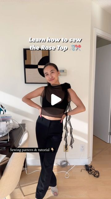 Linda Zhang on Instagram: "How to make the Rose Top ⏬  The Rose Top: ✨ This trendy top was made with a black sheer stretch mesh, although could also be made with an opaque stretch fabric for more coverage! ✨Rosette and flouncy ruffles off the shoulder ✨High neckline & tank top style   Sewing Pattern & Tutorial:  🪡 This top was made using the Rose Top sewing pattern (includes the pattern for the top, the rosette, and flounces) 🪡 Includes an in-depth YouTube sewing tutorial so it is super easy to follow along 🪡 Beginner-friendly sewing project  🪡 Links can be found in my bio! ☺️  #sewing #sewingpattern #sewingproject #beginnersewing #sewingprojectideas #easysewingprojects #diyfashion #sheermeshtop #diyrosette #diyruffles #fashion #sewingclothes #trendysewingpatterns #trendytops #rosetop Trendy Sewing Patterns, Sheer Mesh Top, Top Sewing, Top Sewing Pattern, Trendy Top, Pattern Tutorial, Fashion Sewing Pattern, Easy Sewing Projects, Diy Sewing Projects