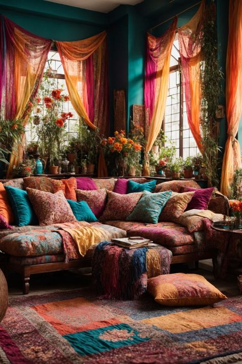 Dive into a living room that's a vibrant tapestry of colors, textures, and sensations. Lush teal walls form the perfect backdrop for a symphony of brilliant oranges, radiant pinks, and deep purples. Sheer drapes, kissed by sunbeams, frame arched windows and dance gently in the breeze. The centerpiece, a sumptuous multi-colored couch, beckons with plush cushions and throws in dazzling patterns and hues. Underfoot, a patchwork of intricately designed rugs tell tales of distant lands and adventures Teal Colour Living Room, Jewel Tone Living Room Grey Couch, Tapestry Living Room Ideas, Jewel Tone Accents Living Room, Romani Living Room, Moody Pink Kitchen, Victorian Bohemian Decor Living Room, Teal Boho Living Room, Orange And Purple Room