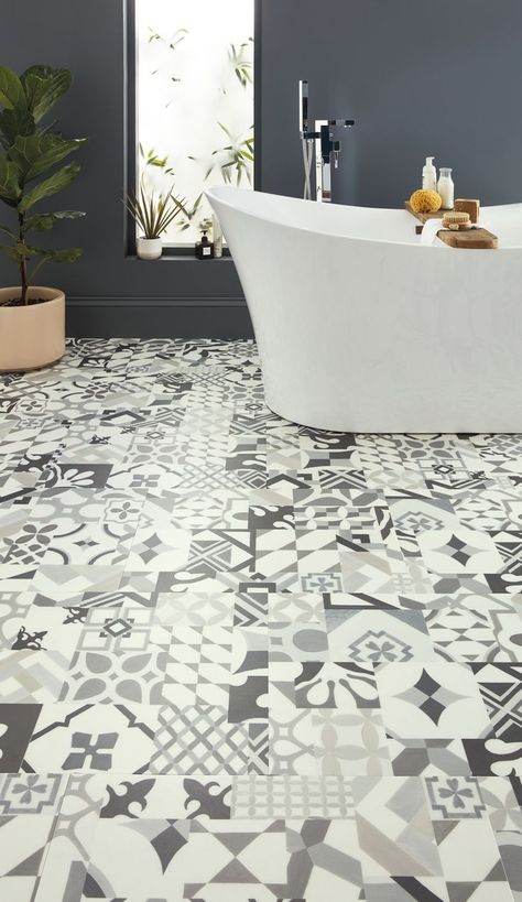 Casablanca LVT flooring shown in a contemporary bathroom with soaking tub and plants, followed by a close-up angled image. Moroccan Architecture, Iberian Peninsula, Resilient Flooring, Spanish Architecture, Monochrome Color, Small Bathrooms, Moroccan Tile, Mosaic Flooring, Commercial Flooring