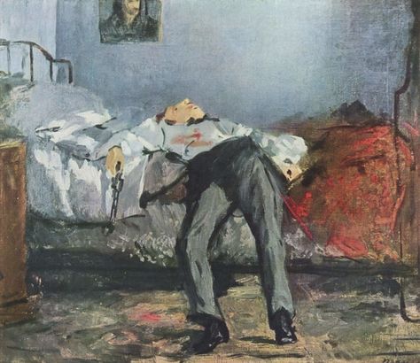 "Le Suicidé" Edouard Manet - Artwork on USEUM Edouard Manet Paintings, Manet Art, Édouard Manet, Dark Paintings, Francisco Goya, Edouard Manet, Camille Pissarro, Goth Art, Oil Painting Reproductions