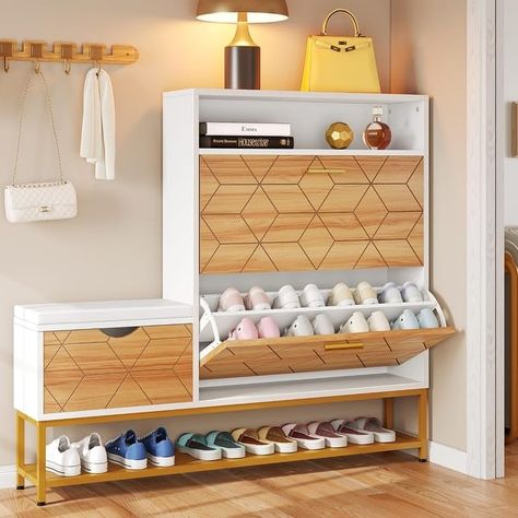 Moasis 22 Pairs Shoe Cabinet with 2 Flip Drawers, Narrow Shoes Rack with Storage Bench - Bed Bath & Beyond - 40376473 Shoes Closet Ideas Entrance, Entry Furniture Ideas Entrance, Shoes Wardrobe Design, Shoe Rack Ideas Entryway Entrance, Shoe Rack Cabinet Design, Waiting Area Design, Mudroom Bench With Shoe Storage, Shoe Cabinet Design, Wall Dividers