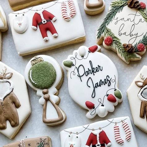 Baby Christmas Cookies, Santa Baby Gender Reveal, Santa Baby Baby Shower Theme, Boho Baby Boy, Gingerbread Baby, Winter Baby Shower Themes, Winter Cookies, Christmas Baby Announcement, Holiday Baby Shower