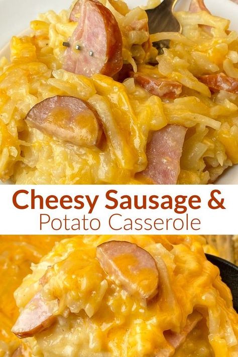 Kielbasa Cheese Potatoes Crockpot, Cheesey Potatoes And Sausage Crock Pot, Kielbasa And Frozen Potatoes, Things To Make With Kielbasa Sausage, What To Cook With Kielbasa, Sausage Cheesy Potatoes, Cheesy Sausage Hash Brown Bake, Crockpot Cheesy Potatoes And Sausage, Keilbasa Cheesy Potato Crockpot