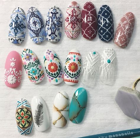 Mexican Embroidery Nail Art, Embroidery Nail Art, Quilted Nails Designs, Mexican Tile Nail Art, Mexican Embroidery Nails, Mexican Tile Nails, Tile Nail Art, Embroidery Nails, Quilt Nails