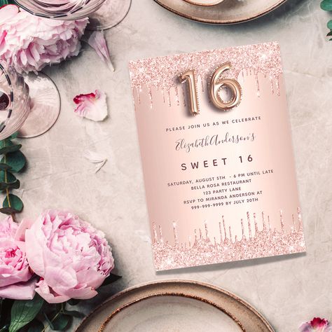 Sweet 16 Rose Gold, Rose Gold Invitations, Invitations Ideas, 16th Birthday Invitations, Birthday Roses, Postcard Invitation, Sweet 16 Birthday Party, Sweet Sixteen Birthday, Glitter Birthday