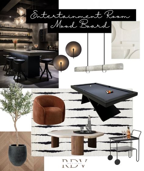 Entertainment room or ‘man cave’?! The feel for this room involves dark cement plaster walls to create a dark and moody space with a bar, pool table and area to enjoy conversation. The furniture selections are very contemporary with sleek lines, sure to be the envy of every guest. When I showed my husband this mood board, his first comment was where’s my huge tv?! 🤣 What would your other halves say? If you want me to help you with your vision then drop me a DM or e-mail. Follow me for ... Dark Interior Mood Board, Interior Mood Board, Bar Pool Table, Huge Tv, Timeless Living Room, Liquor Shop, Bathroom Retreat, Material Board, Living Room Update