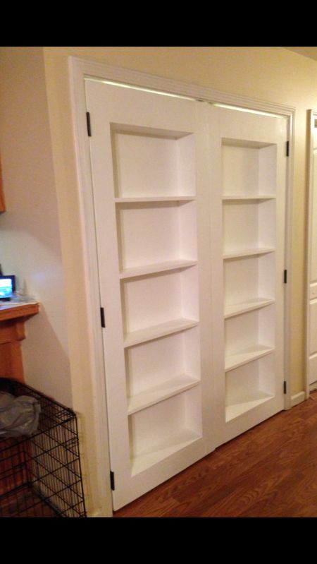 Double Closet Murphy Door, Closet Door With Shelves, Closet Door Bookcase, Rolling Bookcase Door, Bifold Bookcase Door, Double Murphy Door, Book Shelf Door Hidden Diy, Bookcase Closet Door, Murphy Closet Door