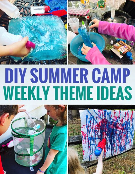 Ideas For Summer Camp, Summer Camp Activities For Kids, Camp Activities For Kids, Diy Summer Camp, Preschool Summer Camp, Summer Camp At Home, Camp At Home, Weekly Themes, Summer Camp Themes