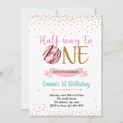 Donut haft way to one birthday theme invitation Sweet One First Birthday Invitation, Donut First Birthday, Donut Birthday Party Invitations, Donut Invitation, Donut Birthday Party, Boy Party Invitations, Birthday Donuts, Pink Donut, Donut Birthday Parties