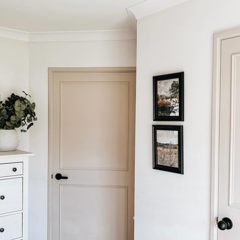 Painting our old interior doors has been such a great update to our home. The beige colour is soft but striking agains the white walls.  #interiordoors #beigepaint #homeDIY #homerenovations #doorpainting #beigedoor White Wall Beige Door, Light Brown Door Paint, White Walls Tan Doors, Interior Doors Beige, Beige Doors Interior, Old Interior Doors, Beige Doors, Old Interior, Painted Interior Doors