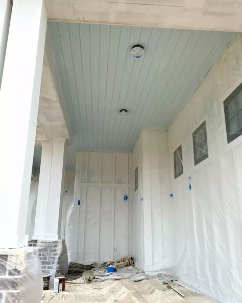 Lauren’s Surprise Sherwin Williams, Sherwin Williams Tradewind Exterior, Painting Vinyl Porch Ceiling, Laurens Surprise Sherwin Williams, Sherwin Williams Lauren's Surprise, Shiplap Painted Walls, Sherwin Williams Haint Blue Colors, Sky High Sherwin Williams, Blue Ceiling Porch