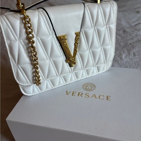 VERSACE Virtus White Quilted Nappa Leather Bag Nappa Leather Bag, Versace Handbags, White Quilt, Nappa Leather, Chain Strap, Gold Hardware, Gold Chain, Top Handle, Gold Chains