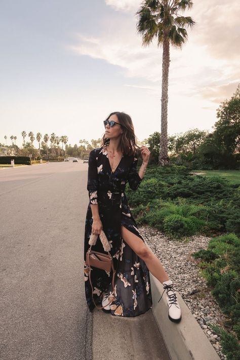 Floral Wrap Dress + White Combat Boots White Combat Boots Outfit Spring, White Combat Boots Outfit Dress, Combat Boots Blancas Outfit, Maxi Dress Combat Boots, Combat Boots And Dresses, White Combat Boots Outfit, White Docs, Dress With Combat Boots, Combat Boots Look