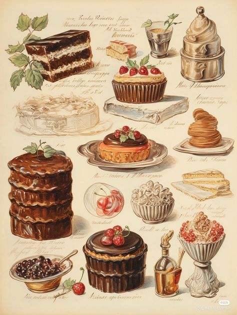 Baking Drawing Aesthetic, Vintage Food Painting, Vintage Baking Illustration, Baking Journal Aesthetic, Vintage Cooking Aesthetic, Cute Bakery Illustration, Vintage Cookbook Illustrations, Baking Illustration Art, Food Vintage Aesthetic