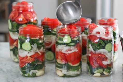 Marinated Tomato and Cucumber Salad - Olga's Flavor Factory Cucumber Salad Canning Recipes, Canned Cucumber Salad, Canning Salad Recipes, Canning Cucumber Salad, Canning Cucumber Salad Recipes, Cucumber Canning Recipes, Pickling Veggies, Marinated Veggies, Tomato And Onion Salad