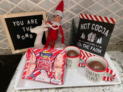 Elf On The Shelf Hot Cocoa Bar, Elf On The Shelf Ideas Hot Cocoa Bomb, Elf On The Shelf Hot Cocoa Ideas, Elf On The Shelf Hot Chocolate Ideas, Elf Hot Cocoa, Elf 2024, Elf Stuff, Elf Shenanigans, Elf Ideas Easy