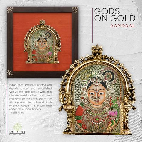 Coming soon. Introducing various gods on an artistic frame with digital art ebmellished with 24 carat gold coated metal & brass prabhavali on rich raw silk backdrop. Silk Backdrop, Diy Photo Display, Wooden Corbels, Painted Items, Brass Items, Brass Ornaments, Ethnic Decor, Pichwai Paintings, Tanjore Painting