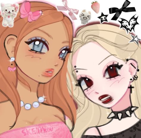 When opposite fashion girlies are best friends 🎀🖤 do you have any friends like that? #coquette #grunge #goth #pinterestart #sanriocore #matchingicons #fashioninspo #art Goth And Coquette Friends, Opposite Aesthetic Friends, Best Friend Duos, Goth Friends, Fashion Girlies, Bestie Board, Coquette Grunge, Preppy Girl, Grunge Goth