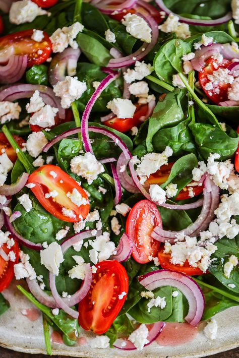 Spinach Red Onion Salad, Spinach Mediterranean Salad, Red Onion Salad Recipes, Spinach And Tomato Salad, Spinach And Feta Salad, Spinach Feta Salad Recipes, Simple Spinach Salad Recipes, Spinach Tomato Salad, Salad Recipes Feta Cheese