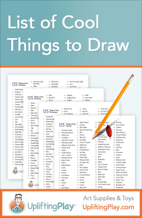 List of Cool Things to Draw for Kids - 125 Ideas of What to Draw  — Looking for ideas of what to draw? Printable word lists of things to draw for Winter, Spring, Fall, Summer, Christmas, Easter, and Thanksgiving. Get Started #drawing #kidart http://upliftingplay.com/list-of-cool-things-to-draw/ Things To Draw For Kids, Draw For Kids, Cool Things To Draw, Classe D'art, Art Handouts, Art Worksheets, Things To Draw, What To Draw, Homeschool Art